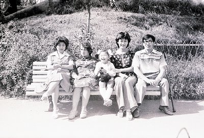 Family portrait circa 1970s, showing a mother, father, and two daughters seated on a park bench. The father wears glasses, a ...