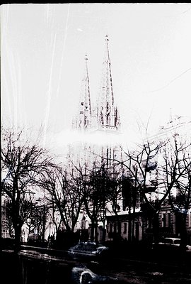 Black and white photograph captures a gothic cathedral, obscured slightly by bare tree branches in the foreground and a misty...