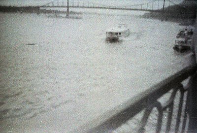 Overlooking a flooded landscape with a view of parked vehicles partially submerged. A shadowy railing dominates the foregroun...