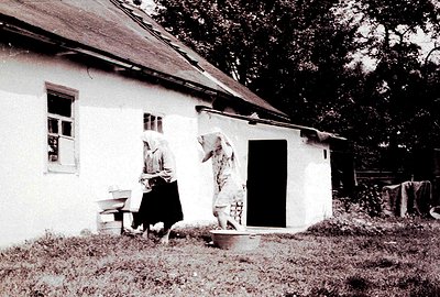 A woman in traditional folk dress stands beside a whitewashed cottage. She appears to be drawing water from a well. Likely a ...