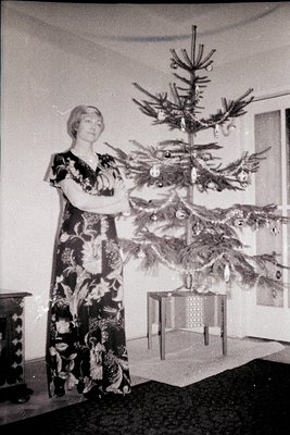 A poised woman in a long floral print dress stands near a small, sparsely decorated Christmas tree. Interior scene, likely a ...