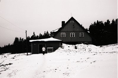 A winter scene captures a traditional wooden chalet nestled amongst snow-covered pine trees. The building features a steeply ...