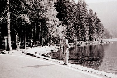 A solitary figure walks along a lakeside road bordered by tall, snow-laden pine trees. Two other figures are visible in the d...
