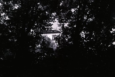 Monochrome image shows a classical-style building partially obscured by dense foliage. The structure features multiple window...