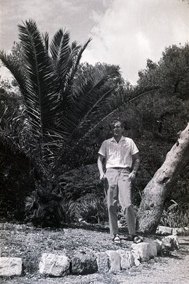 A man in a short-sleeved shirt & trousers poses beside a weathered tree in a lush, subtropical garden setting. Stone edging d...