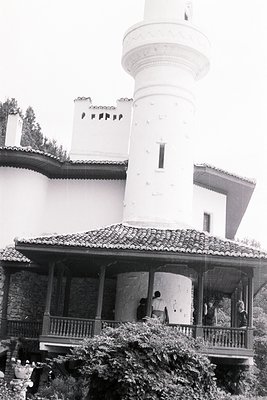 Monochrome image showcasing a mosque with a tall, slender minaret, likely Southeastern European. Features a stone foundation,...