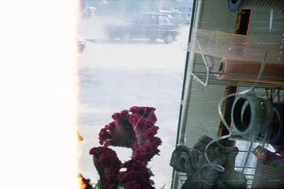 Vintage floral arrangement in a glass display case, likely a 1970s-80s floral shop interior. The bouquet features deep maroon...