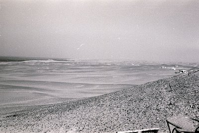 Mid-century black-and-white seaside shot: rocky shoreline with gentle waves meeting a pebble beach under overcast skies. Mini...