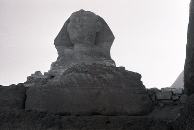 Black-and-white shot of the **Great Sphinx of Giza**, seated on a raised platform with hieroglyphic carvings along its base. ...