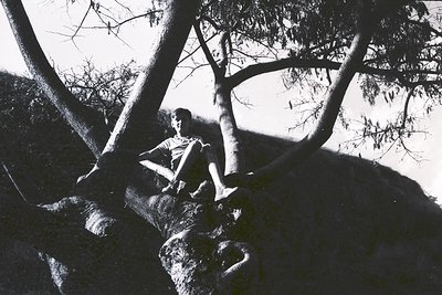 Black-and-white portrait of a seated man in a wooded, rocky landscape, framed by tree branches. His posture suggests contempl...
