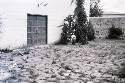 Snow-covered cobblestone courtyard with a weathered wooden door and overgrown shrub. Mid-20th century residential architectur...