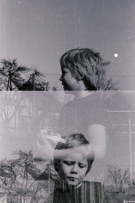 Vintage double-exposure portrait of a child outdoors, likely mid-20th century. Top: child gazes upward, blurred background wi...