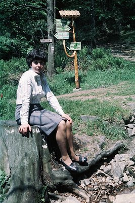 Woman in 1970s-style blouse and knee-length skirt poses on a rock beside a wooden hiking signpost with directional arrows. Lu...