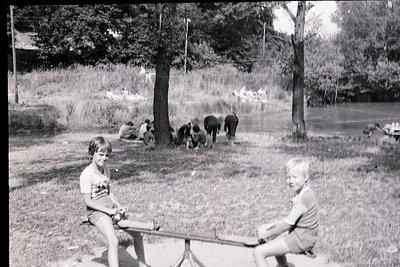 Vintage black-and-white photo of children playing in a grassy park area, mid-20th century. Two kids sit on a swing, while oth...