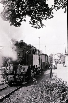 Steam locomotive with "L" emblem pulling vintage passenger cars on tracks, likely mid-20th century. Steam plume and classic r...