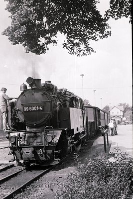 Steam locomotive 6001-4 pulls vintage passenger cars through a rural station, 1950s–1960s. Overgrown vegetation and a lone tr...