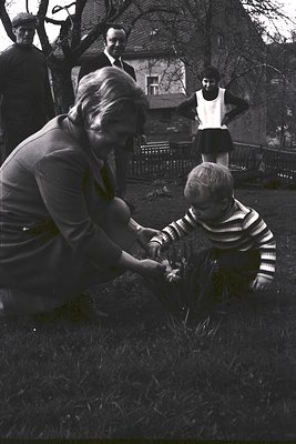 A woman in a cardigan assists a young boy in a striped sweater planting seeds in a grassy yard, 1960s suburban setting. Backg...