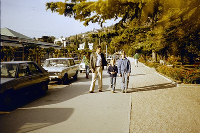 Vintage street scene with three men walking beside parked 1970s-era cars. Lush greenery frames a tree-lined sidewalk under br...