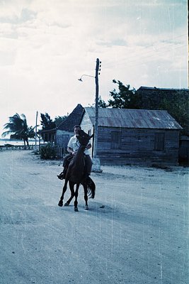 Man in 1950s-era riding attire rides a dark horse along a seaside road, passing rustic wooden huts with corrugated roofs. Pal...