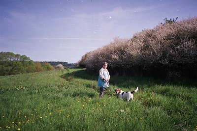 A woman in a floral dress and patterned skirt walks a white-and-tan beagle through a sunlit meadow, bordered by tall reeds an...