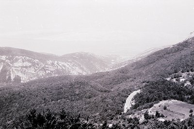 Black-and-white alpine valley with steep, rocky slopes and dense forestation. Snow-capped peaks dominate the background, whil...