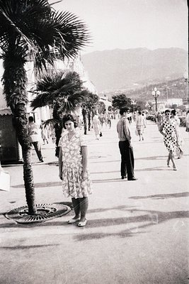 Mid-20th century seaside promenade with palm trees lining a wide walkway. A woman in a floral dress stands near a manhole cov...