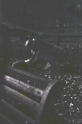 Vintage black-and-white photo of a lone figure descending a curved, industrial staircase in low light. The staircase’s metal ...