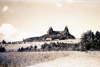 Striking panoramic view of the Burgruine Brandenstein castle ruins atop a forested hill. Foreground features tall grass, a ge...