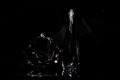Striking black and white photograph depicting two abstract glass sculptures. The forms are organic and wave-like, creating a ...