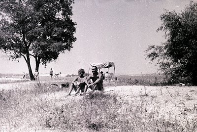 Two young men, shirtless and with long hair, sit on a grassy dune overlooking a shoreline. Sparse vegetation and a blurred be...