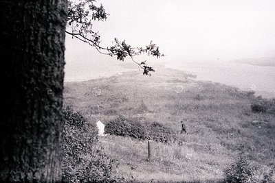 A lone figure stands near a small, whitewashed building on a gently sloping hillside. The image, likely a vintage landscape p...