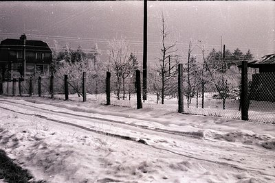 Snow-covered path leads to a two-story house with a distinctive gable roof. Wire fencing lines the roadside, with bare trees ...