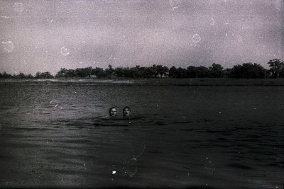 Two figures float in dark water, appearing to swim or submerge. Lush trees line the horizon; a tranquil, possibly rural, sett...