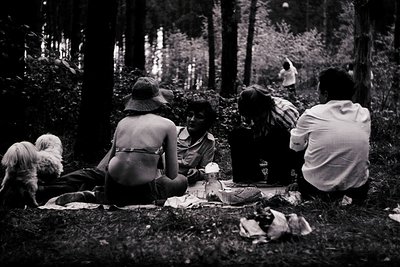 Black-and-white picnic scene in dense forest, 1960s–70s. Five people seated on blanket, sharing meal with dog. Lush greenery ...