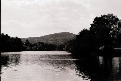 Black-and-white lakeside scene with dense forest framing right edge, calm water reflecting muted light. Rolling hills in back...