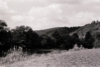 Black-and-white landscape featuring a serene lake nestled in a forested valley. Dense tree cover frames the water, with tall ...