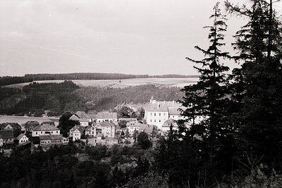 Vintage black-and-white aerial view of a quaint European village nestled by a lake, framed by dense forest. Prominent multi-s...