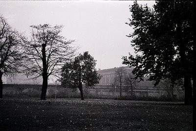 Black-and-white urban park scene with sparse trees and a high wall in background. Overcast sky enhances moody atmosphere. Lik...