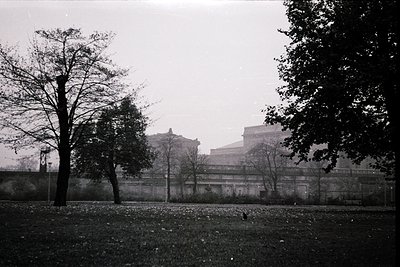 Black-and-white shot of a grand, symmetrical building with neoclassical columns and a flat roof, framed by bare trees and ope...
