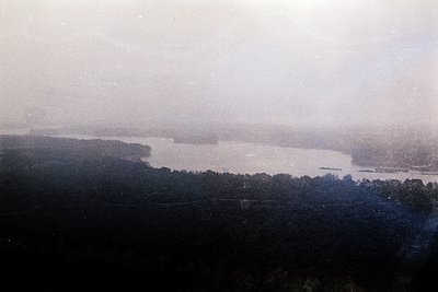 Vintage sepia-toned aerial view of a winding river flanked by dense forest. Mist obscures distant horizon, enhancing atmosphe...