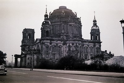 Baroque-style cathedral with twin towers and central dome, featuring intricate stonework and ornate detailing. Likely a Sovie...