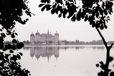 Symmetrical Baroque palace reflected in calm waters, framed by tree branches. Likely 18th-century European architecture, poss...