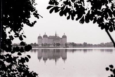 Symmetrical Baroque-style castle reflected in calm waters, framed by tree branches. Likely **Eckersdorf Castle** (Saxony, Ger...