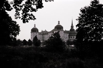 Baroque-style castle with three domed towers and central dome, partially obscured by foliage. Likely European, 17th–18th cent...
