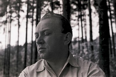 Mid-century portrait of a man in a light button-down shirt, standing in a dense forest with tall, vertical pine trees. The vi...