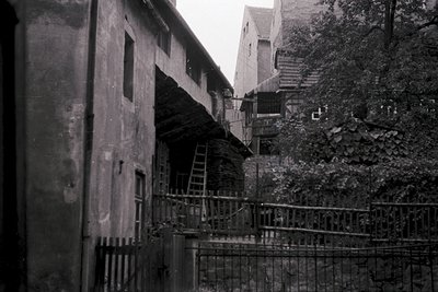 Narrow alleyway flanked by weathered stone buildings, featuring exposed wooden ladders and rustic railings. Overgrown vegetat...