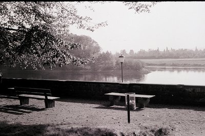 Mid-century lakeside park bench scene with concrete retaining wall and lamppost. Reflective water and distant treeline sugges...