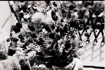 Vintage black-and-white floral arrangement featuring dried flowers, feathers, and seed heads in a ceramic vase. Art Deco-insp...
