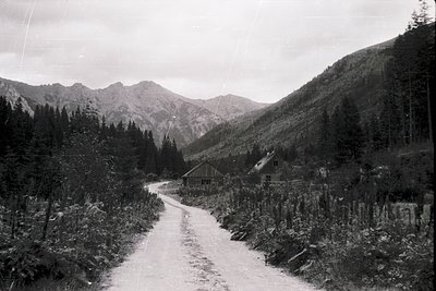 Vintage black-and-white alpine village nestled in a forested valley, flanked by rugged peaks. Rustic wooden chalets line a wi...