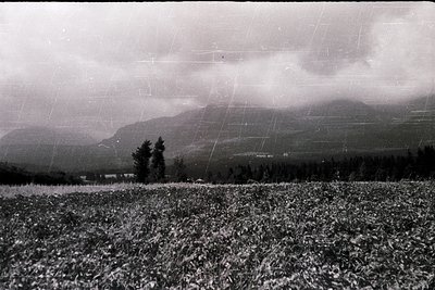 Vintage black-and-white landscape showing snow-covered agricultural field under overcast skies. Distant forested hills and sp...
